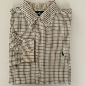Ralph Lauren Yarmouth Cotton Plaid White Tan Long Sleeve Shirt Size 16/32-33